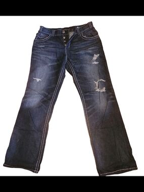 Men’s Mek Dnm Distressed Bootcut Jeans – Dark Wash – Contrast Stitching